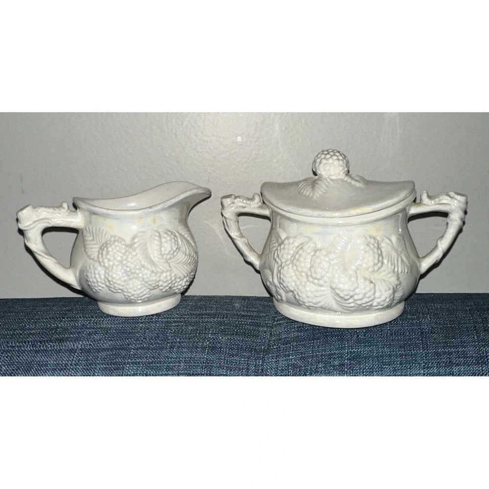 Vintage Blackberry Relief Creamer & Covered Sugar Bowl Parian Style White Lustre